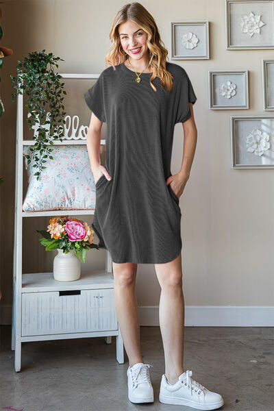 Heimish Full Size Ribbed Round Neck Short Sleeve Tee Dress |1mrk.com