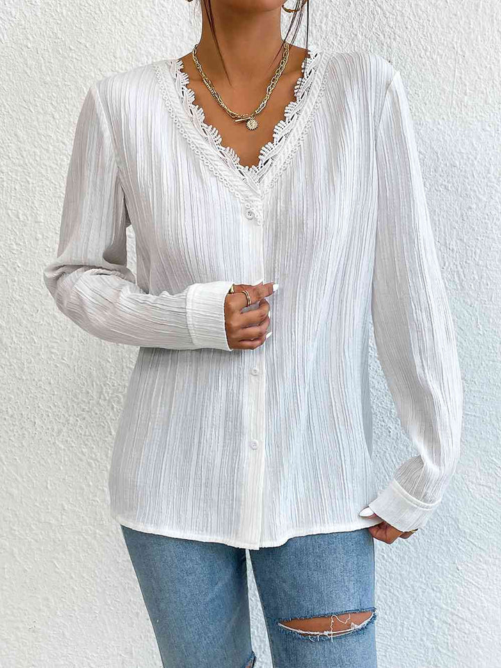Lace Trim V-Neck Long Sleeve Shirt |1mrk.com
