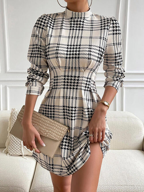 Houndstooth Mock Neck Cinched Mini Dress | 1mrk.com