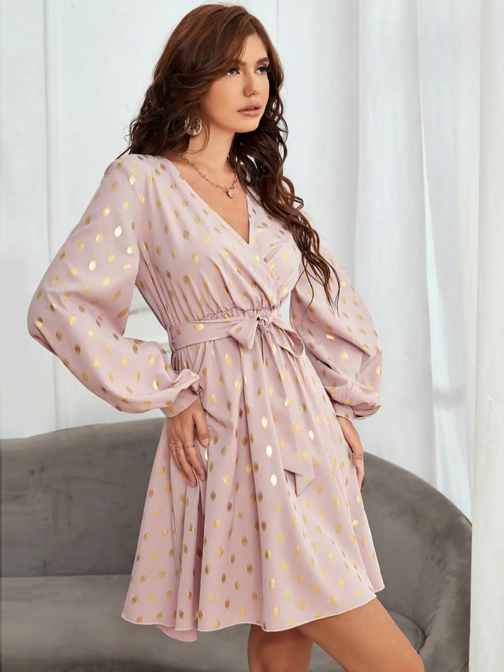 Tied Printed Surplice Long Sleeve Dress | Trendsi