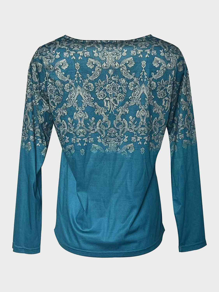 Printed Notched Long Sleeve T-Shirt | 1mrk.com