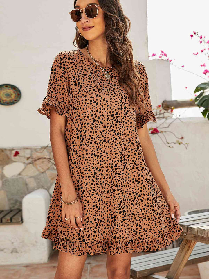 Printed Flounce Sleeve Ruffle Hem Dress |1mrk.com