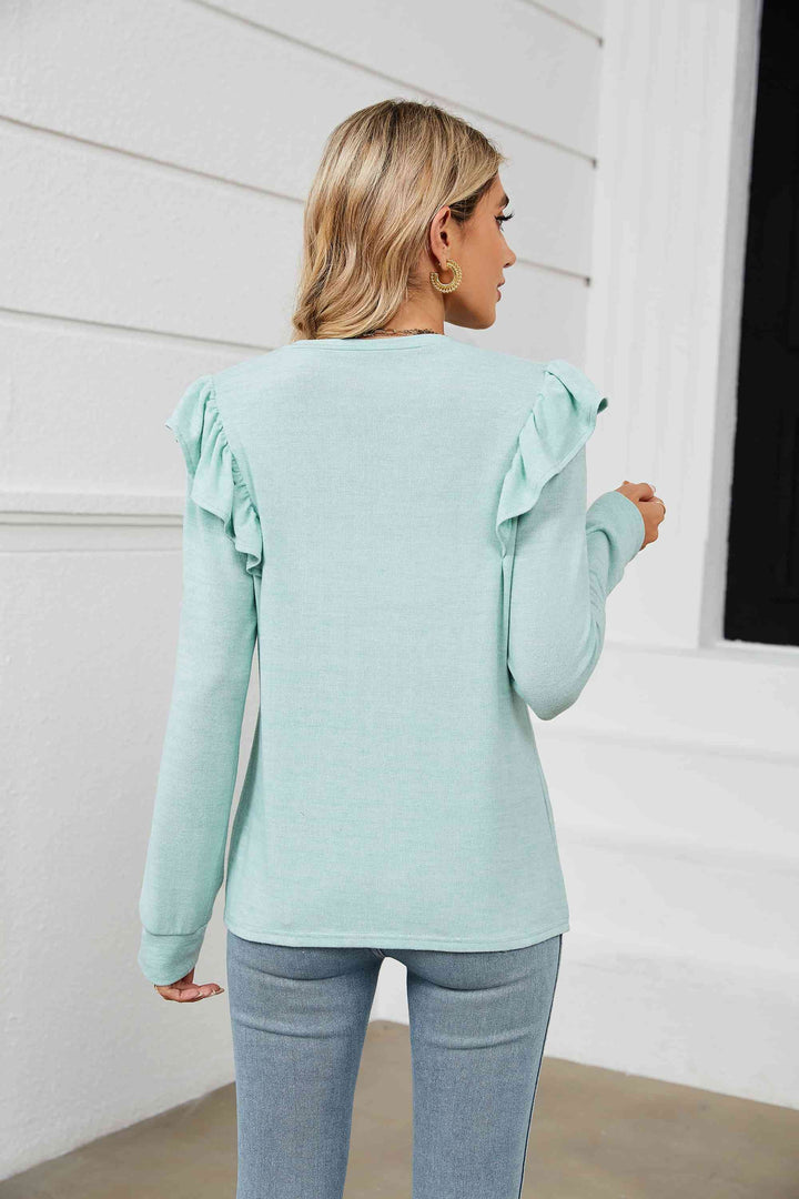 Ruffle Shoulder Long Sleeve T-Shirt | 1mrk.com