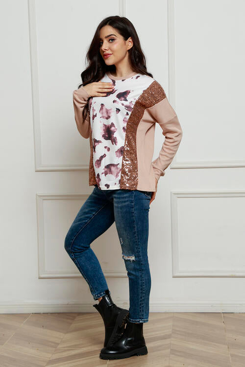 Sequin Animal Print Round Neck Sweatshirt | 1mrk.com