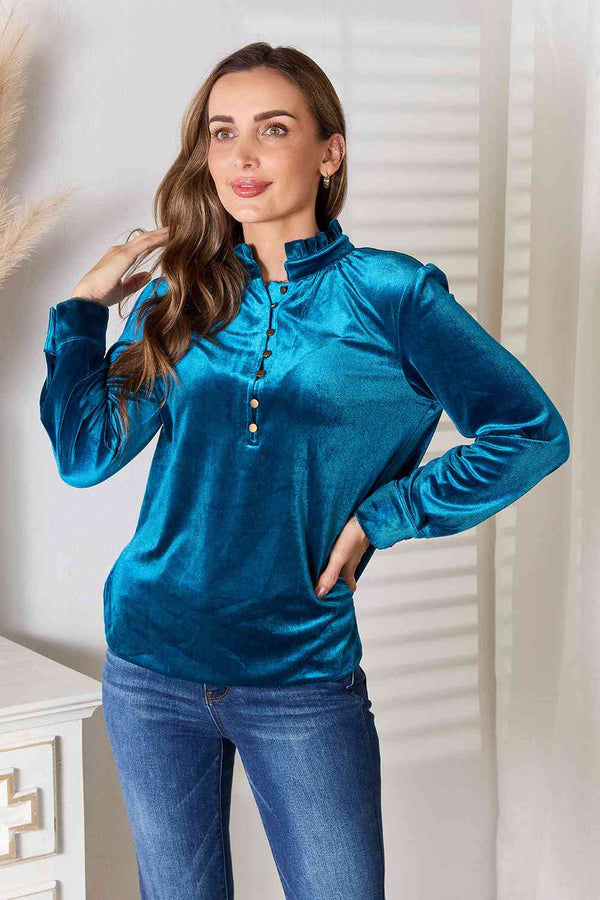 Double Take Notched Neck Buttoned Long Sleeve Blouse | 1mrk.com