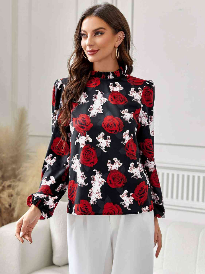 Floral Mock Neck Long Sleeve Blouse |1mrk.com