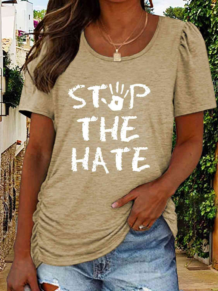 Round Neck Short Sleeve STOP THE HATE Graphic T-Shirt | 1mrk.com