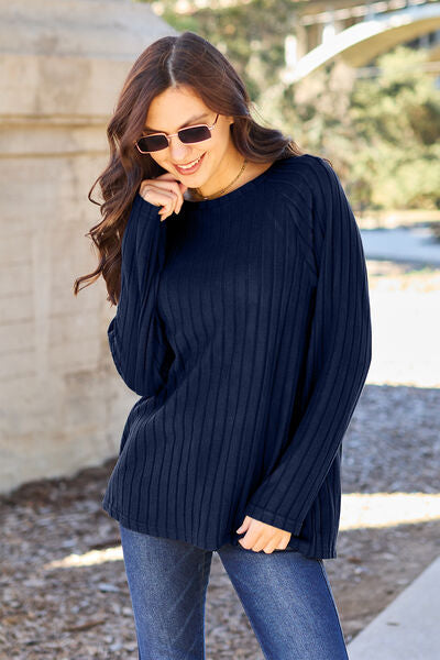 Basic Bae Full Size Ribbed Round Neck Long Sleeve Knit Top | 1mrk.com