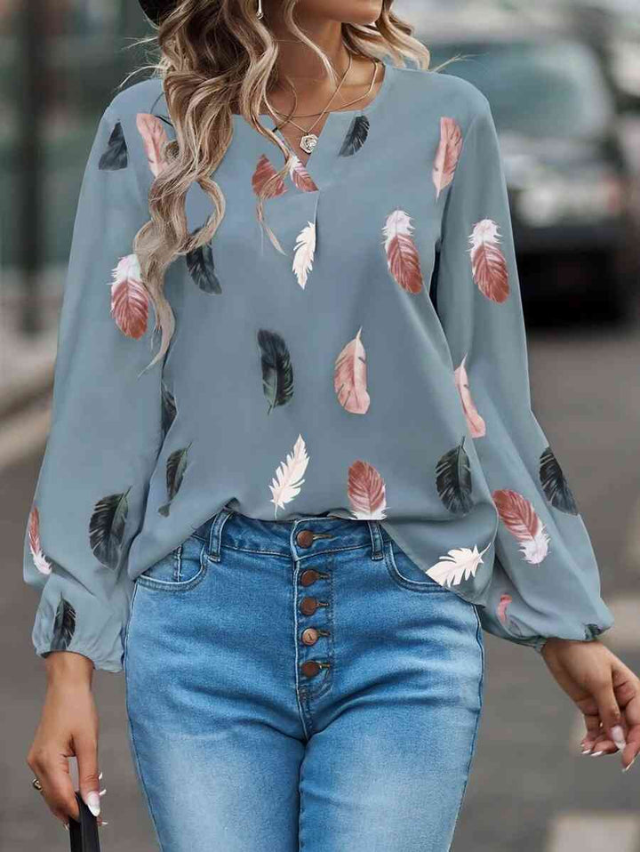 Printed Notched Neck Long Sleeve Blouse | 1mrk.com