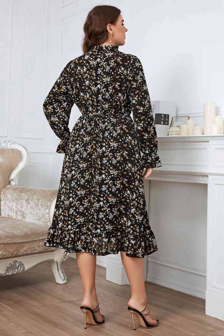 Melo Apparel Plus Size Floral Flounce Sleeve Midi Dress |1mrk.com