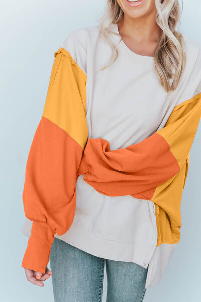 Color Block Exposed Seam Lantern Sleeve Sweatshirt | 1mrk.com