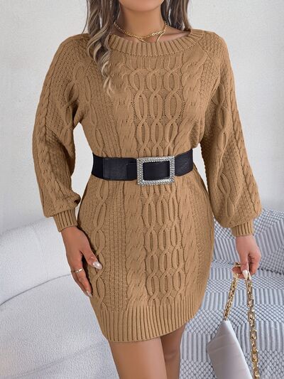 Cable-Knit Round Neck Sweater Dress |1mrk.com