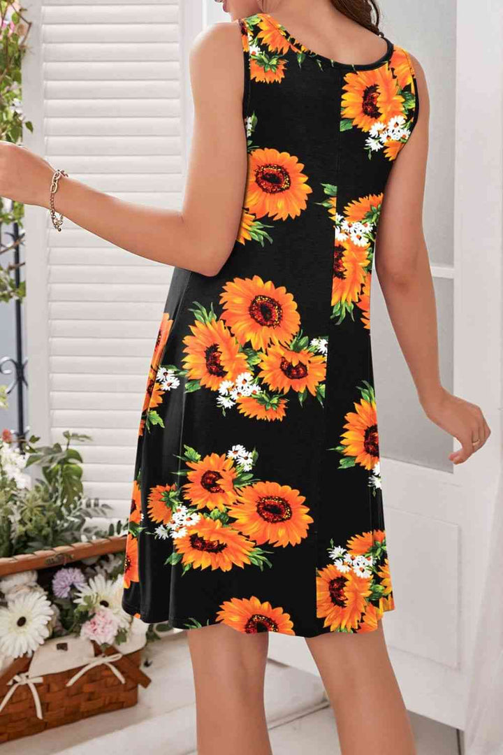 Printed Round Neck Sleeveless Dress |1mrk.com