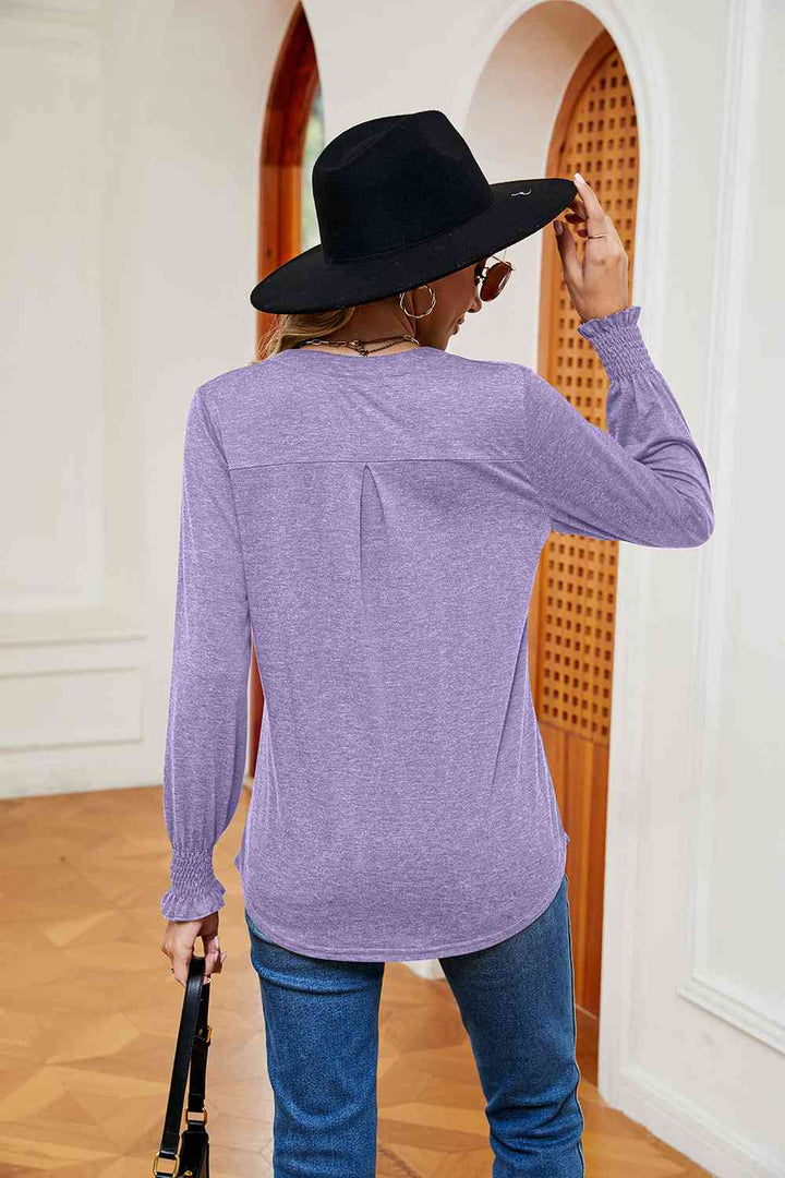 Notched Neck Long Sleeve Blouse | 1mrk.com