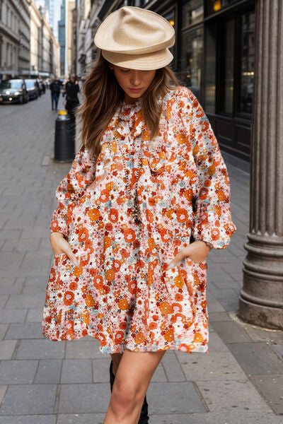 Floral Balloon Sleeve Mini Dress |1mrk.com