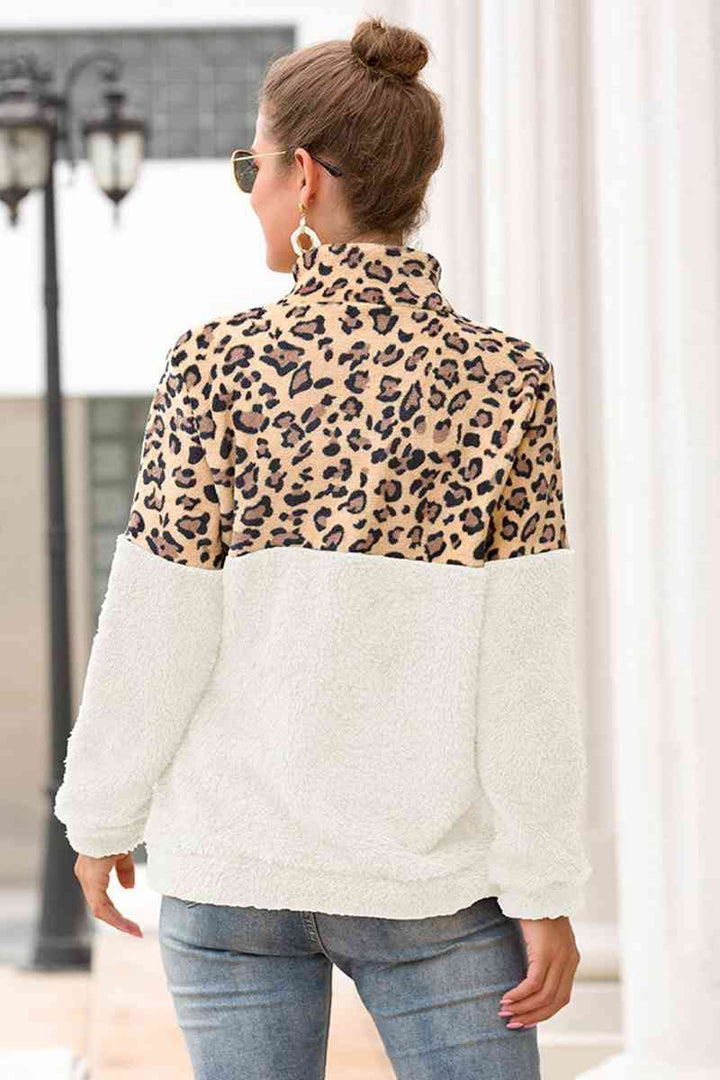 Leopard Zip-Up Turtle Neck Dropped Shoulder Sweatshirt |1mrk.com