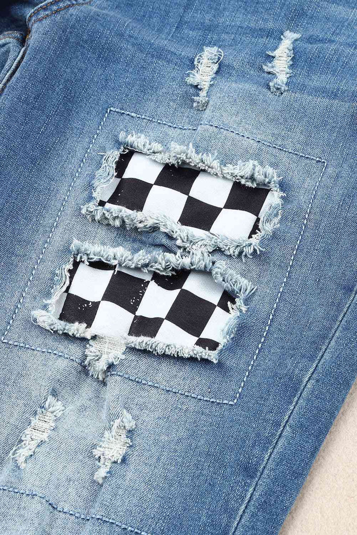 Baeful Checkered Patchwork Mid Waist Distressed Jeans | 1mrk.com