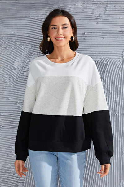 Color Block Round Neck Long Sleeve Sweatshirt |1mrk.com