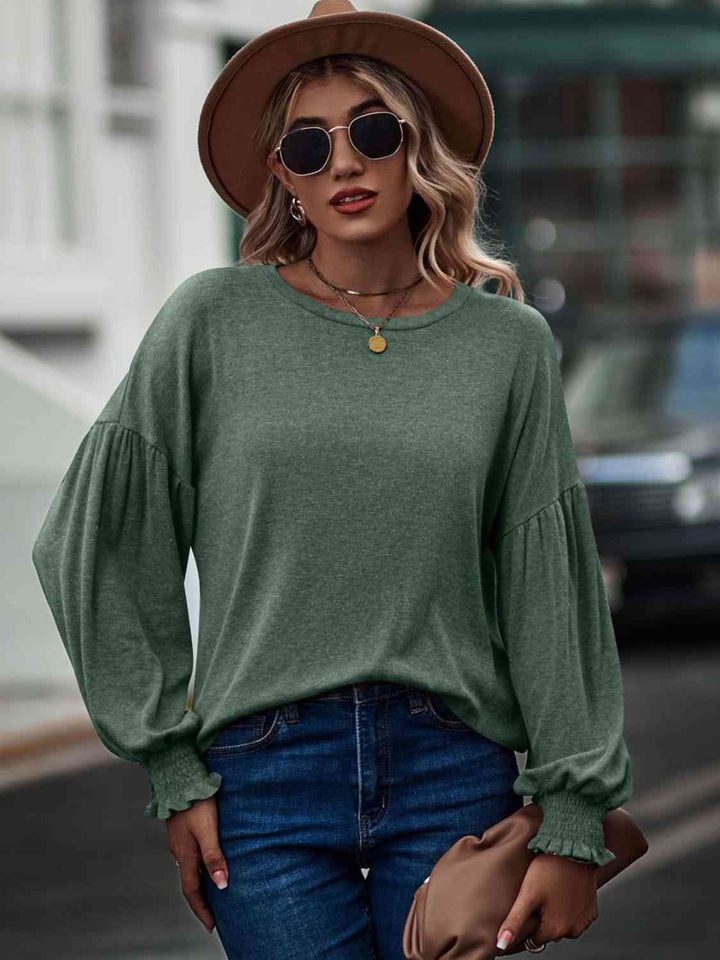 Round Neck Dropped Shoulder Flounce Sleeve T-Shirt | 1mrk.com