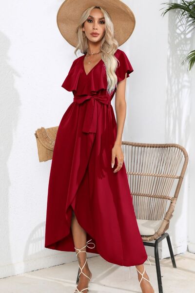 Ruffled Tied V-Neck Midi Dress |1mrk.com