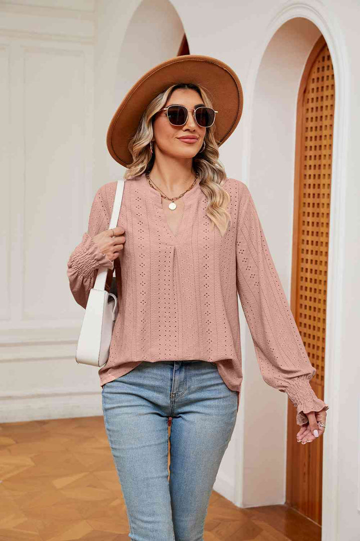 Notched Neck Flounce Sleeve Blouse | 1mrk.com