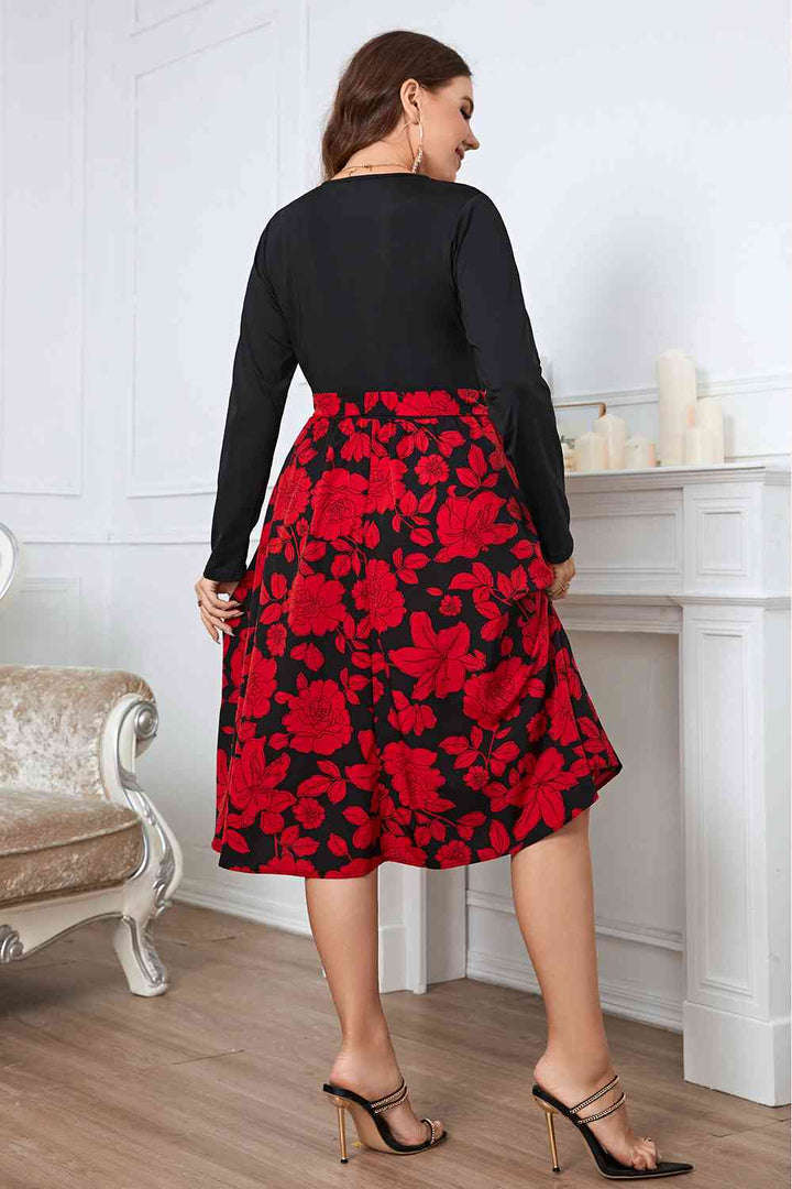 Plus Size Floral Surplice Neck Long Sleeve Dress |1mrk.com