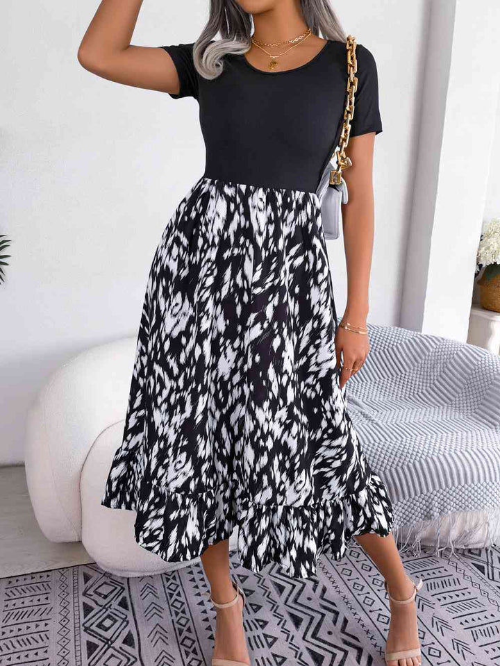 Printed Round Neck Ruffle Hem Dress |1mrk.com