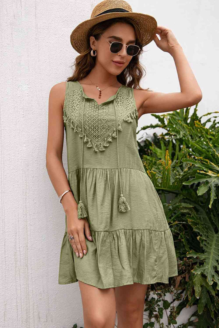 Tassel Tie Lace Trim Sleeveless Dress |1mrk.com