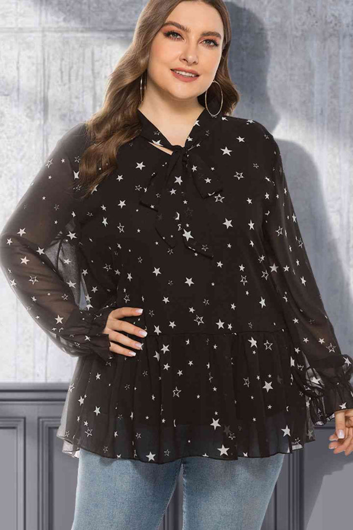 Plus Size Star Print Tie-Neck Peplum Blouse | 1mrk.com