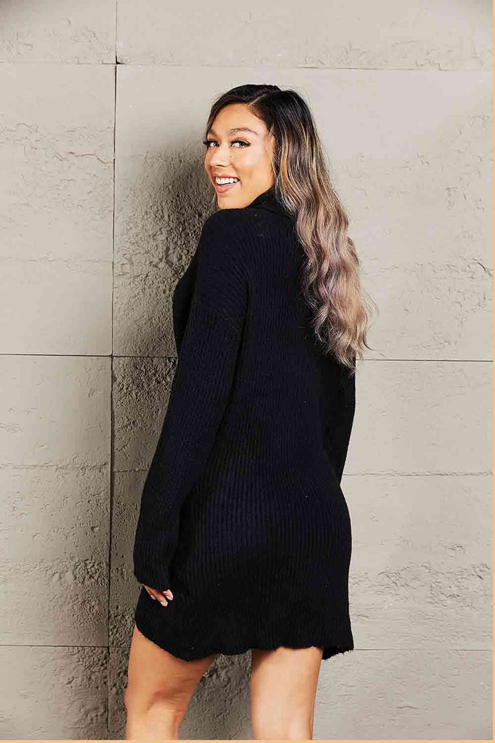 Double Take Rib-Knit Turtleneck Drop Shoulder Sweater Dress |1mrk.com