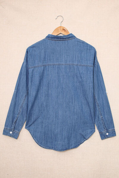 Pocketed Button Up Collared Neck Denim Top | 1mrk.com