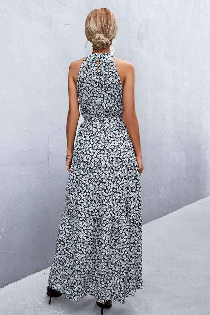 Printed Sleeveless Tie Waist Maxi Dress |1mrk.com