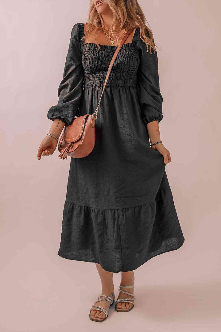 Square Neck Smocked Long Sleeve Dress |1mrk.com