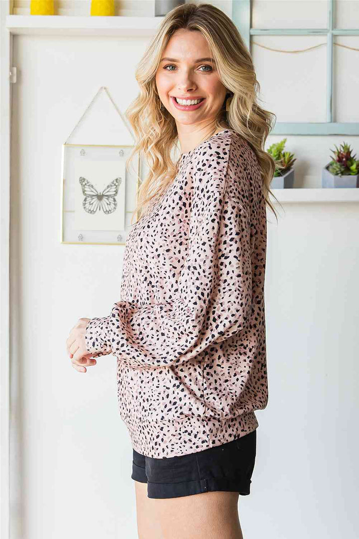 Leopard Print Round Neck Long Sleeve Sweatshirt |1mrk.com