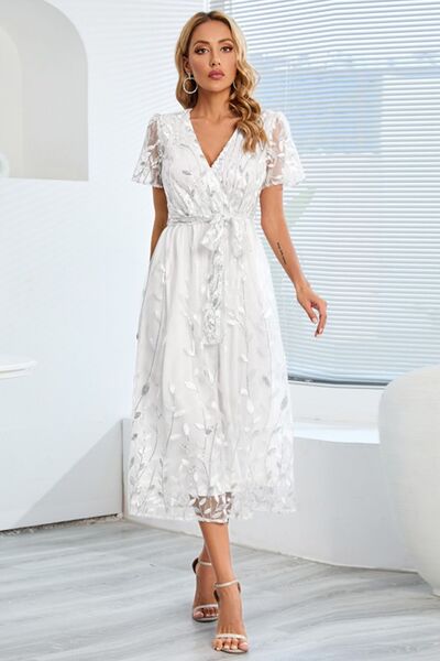 Sequin Leaf Embroidery Tie Front Short Sleeve Dress |1mrk.com