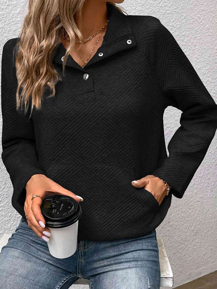 Half Buttoned Collared Neck Sweatshirt with Pocket |1mrk.com