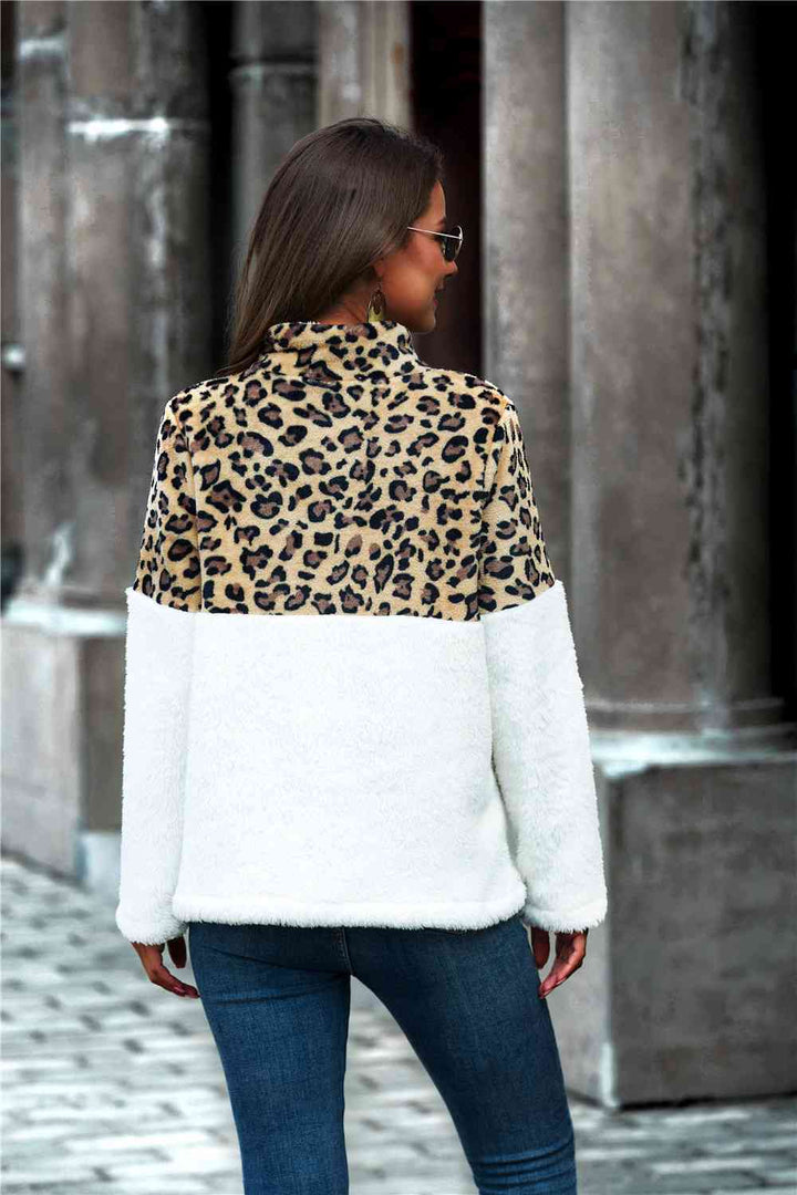 Leopard Color Block Half-Zip Collar Teddy Sweatshirt |1mrk.com