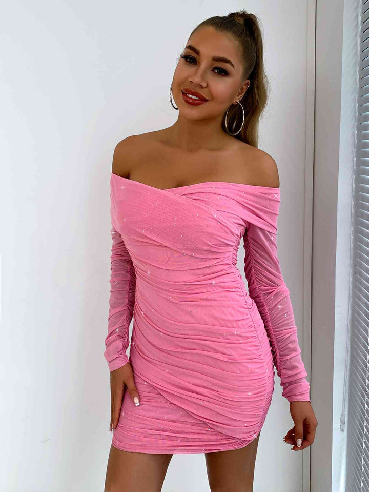 Glitter Ruched Off-Shoulder Long Sleeve Bodycon Dress | 1mrk.com