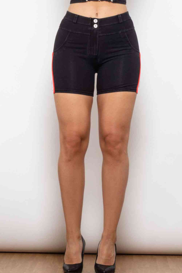 Full Size Side Stripe Buttoned Denim Shorts | 1mrk.com
