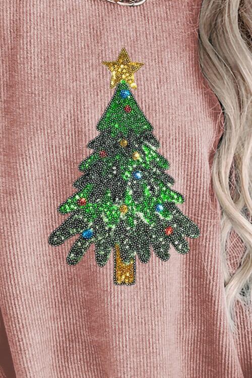 Sequin Christmas Tree Ribbed Drop Shoulder Sweatshirt |1mrk.com