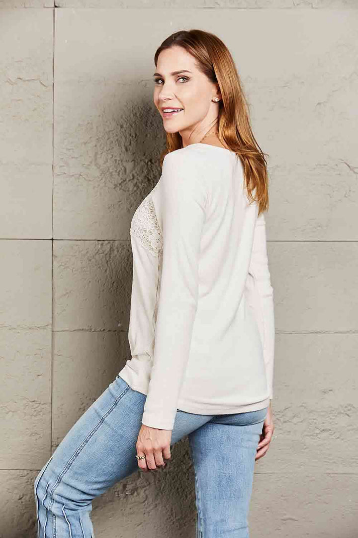 Double Take Lace Crochet Long Sleeve Top | 1mrk.com