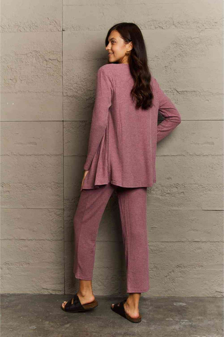 Ninexis Full Size Cropped Top, Long Pants and Cardigan Lounge Set | 1mrk.com