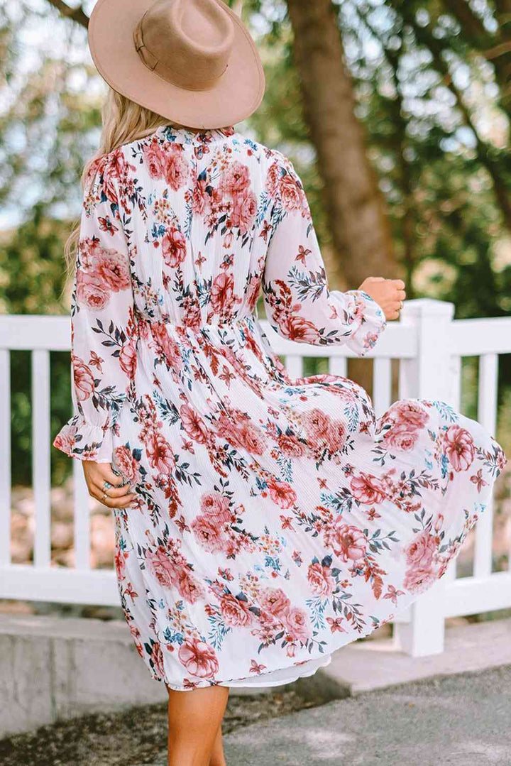 Floral Mock Neck Flounce Sleeve Midi Dress | 1mrk.com