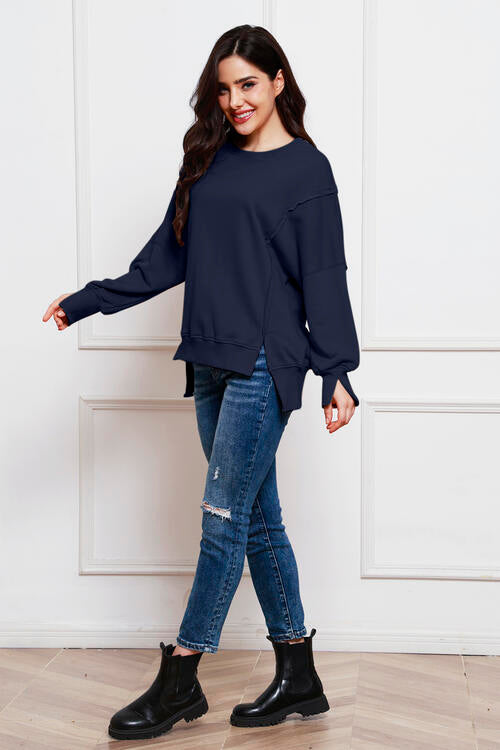 Exposed Seam Long Sleeve Slit Sweatshirt |1mrk.com