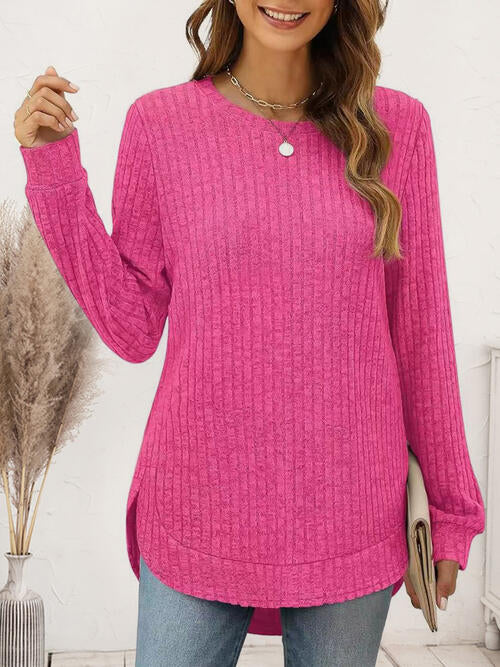 Ribbed Round Neck Long Sleeve T-Shirt | 1mrk.com