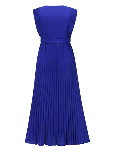 Tied Surplice Cap Sleeve Pleated Dress |1mrk.com