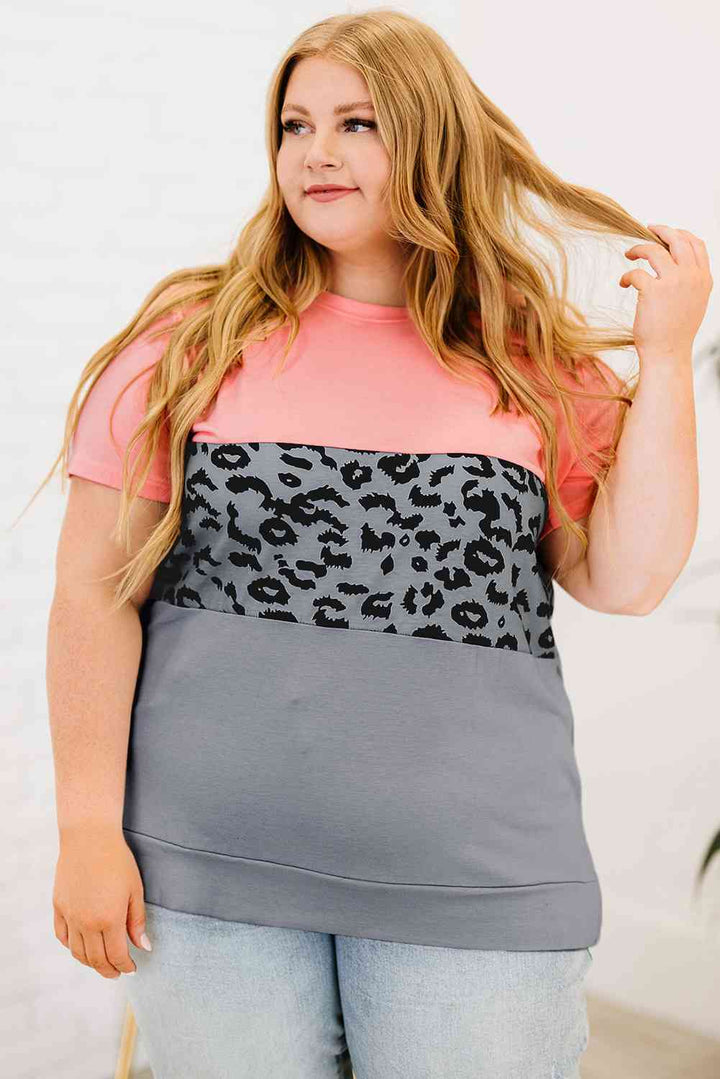 Plus Size Leopard Color Block T-Shirt | 1mrk.com