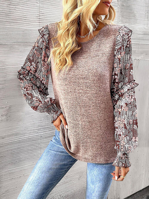 Round Neck Contrasting Color Printed Lantern Sleeve Top | 1mrk.com