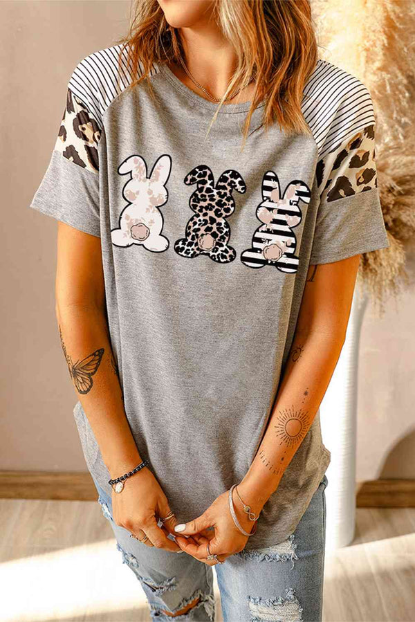 Easter Rabbit Graphic Striped Leopard Raglan Sleeve Tee | 1mrk.com