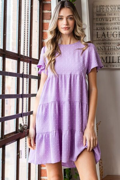 Heimish Full Size Swiss Dot Short Sleeve Tiered Dress |1mrk.com